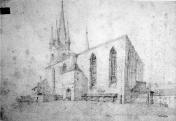 Kostel sv. Mikuláše. Pohled od severu. Kresba Kritzler 1874