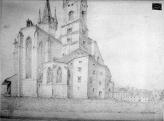 Kostel sv. Mikuláše. Pohled od SV. Kresba Kritzler 1874