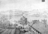 Poohří. Louka v Poohří před stavbou výstavní a pěvecké haly. Kresba Kitzler kolem roku 1870