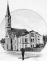 Evangelický kostel. Kostel a fara od jihu kolem 1910