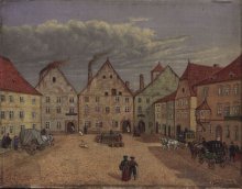 01 Franz Schilhabl, Koňský trh na chebském náměstí, 1893, olej na plátně, Muzeum Cheb (dále jen MCH). Obraz zachycuje stav z 1. třetiny 19. století. Nalevo dům čp. 7, uprostřed dům čp. 8 demolovaný v roce 1864 a napravo dům čp. 9.