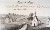 Kostel sv. Jodoka. Podoba v roce 1687. Kresba Prökl 1845