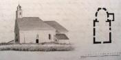 Kostel sv. Jodoka. Pohled a půdorys kolem roku 1850. V. Prökl