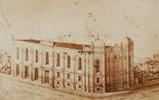 Synagoga. Neuskutečněný projekt nové synagogy v Komenského sadech. Kolem 1870