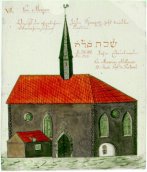 Synagoga. Pohled kolem roku 1400. K. Huss 1805