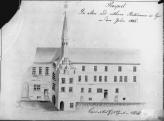 Radnice. Budova staré radnice (1a, b) v roce 1805, kresba V. Prökla podle Hussovy kroniky