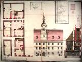 Radnice. Půdorysy a plán nerealizované stavby radniční věže na střední budově (1b), Karl Gschier, 1804