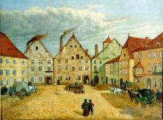 Dům  Goldhammer. Jižní průčelí náměstí před rokem 1865, obraz F. Schilhabla